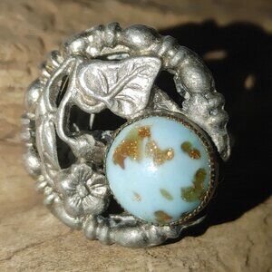 Vintage Silver Tone Ring Blue Speckled Stone Floral Size 7 Unique Ornamental